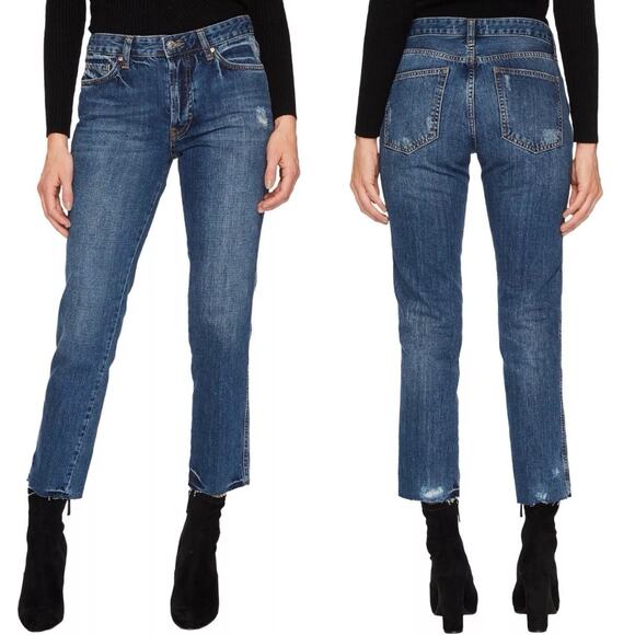 Free People Slim Boyfriend Distressed Raw-Hem Crop Denim Jeans Size 30 High Rise - Picture 1 of 6